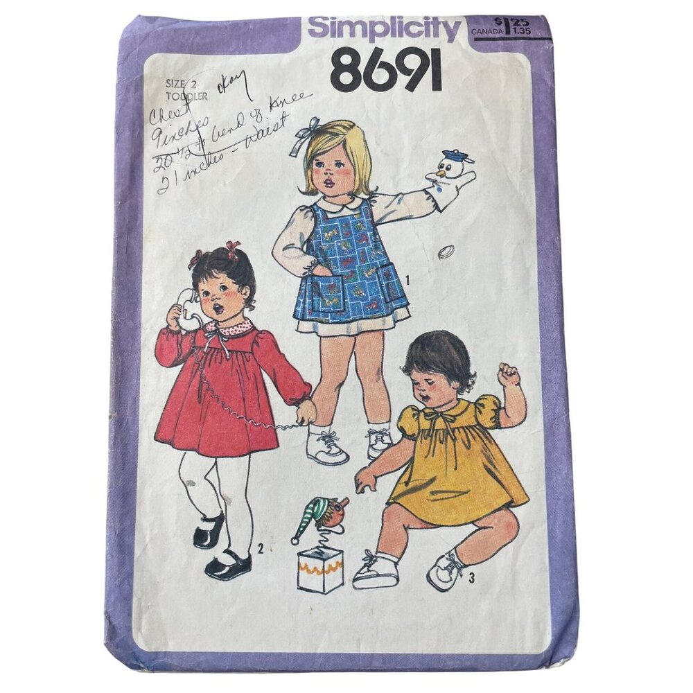 70s Simplicity 8691 Sewing Pattern Size 2 Toddlers Dress Pinafore Vintage UNCUT